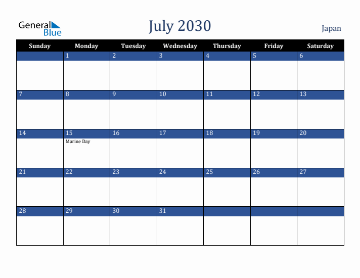 July 2030 Japan Calendar (Sunday Start)
