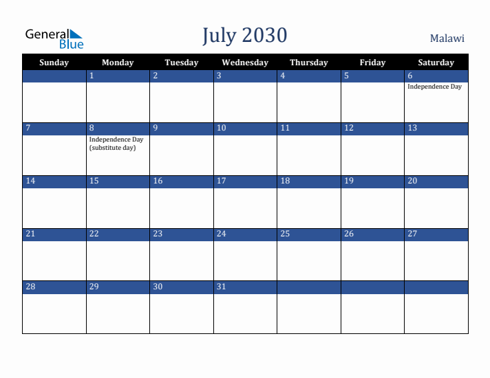 July 2030 Malawi Calendar (Sunday Start)