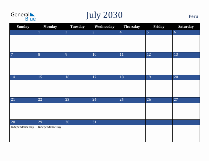 July 2030 Peru Calendar (Sunday Start)