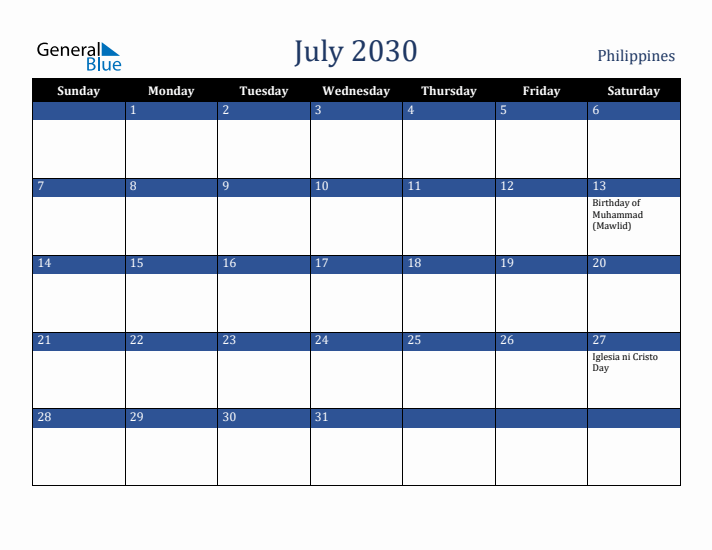 July 2030 Philippines Calendar (Sunday Start)