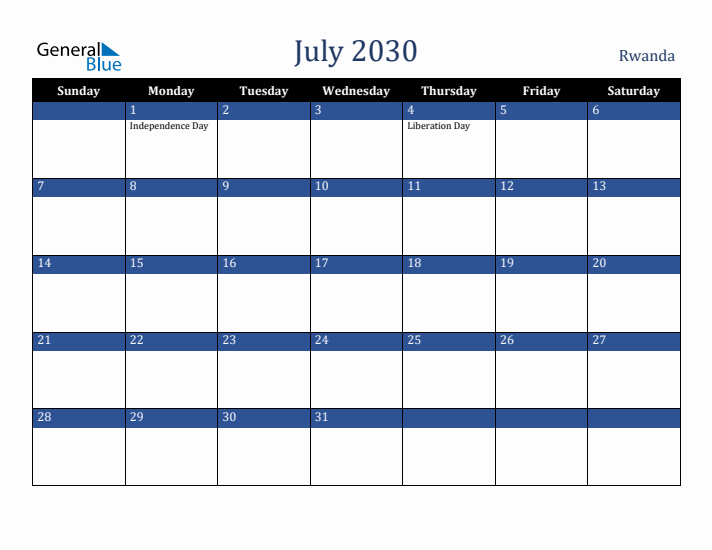 July 2030 Rwanda Calendar (Sunday Start)