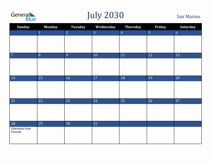 July 2030 San Marino Calendar (Sunday Start)