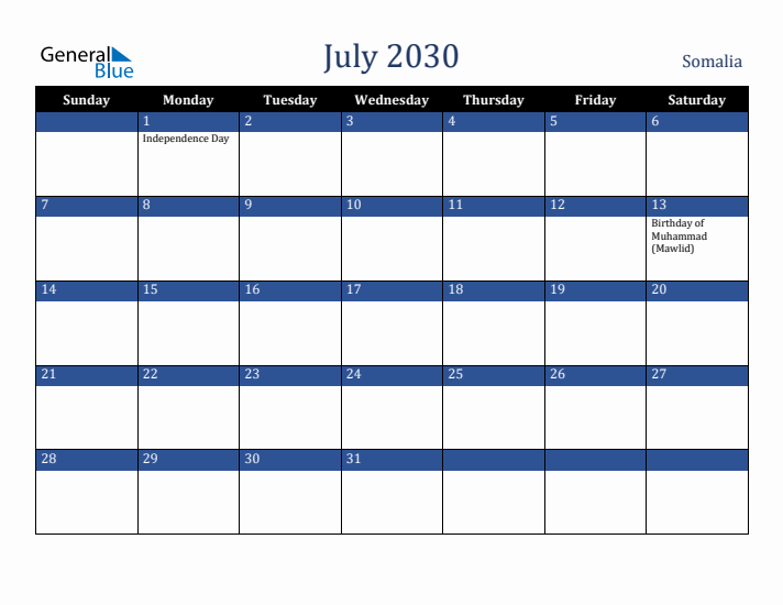 July 2030 Somalia Calendar (Sunday Start)