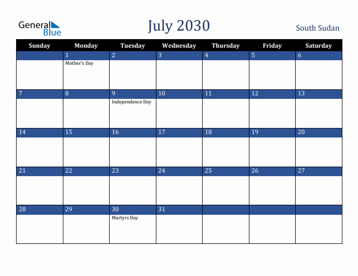 July 2030 South Sudan Calendar (Sunday Start)