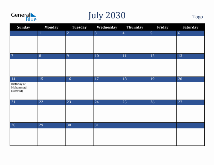 July 2030 Togo Calendar (Sunday Start)