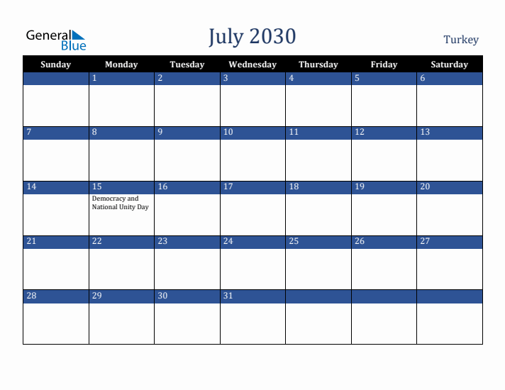 July 2030 Turkey Calendar (Sunday Start)