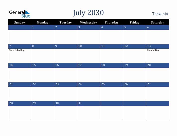 July 2030 Tanzania Calendar (Sunday Start)