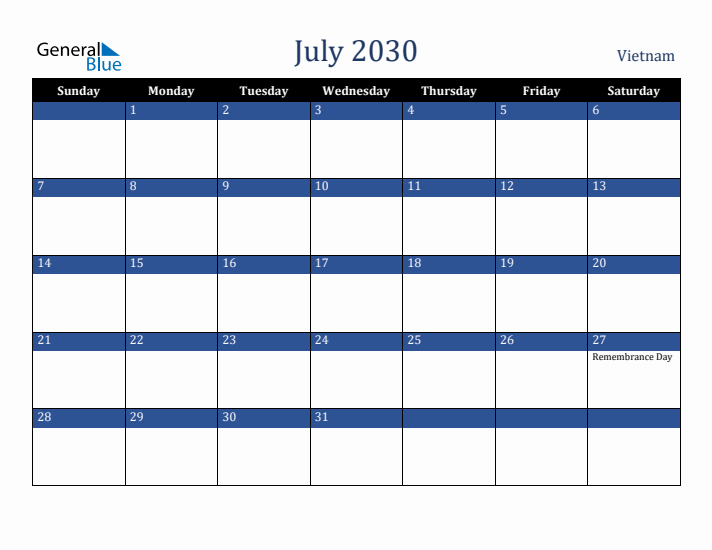 July 2030 Vietnam Calendar (Sunday Start)
