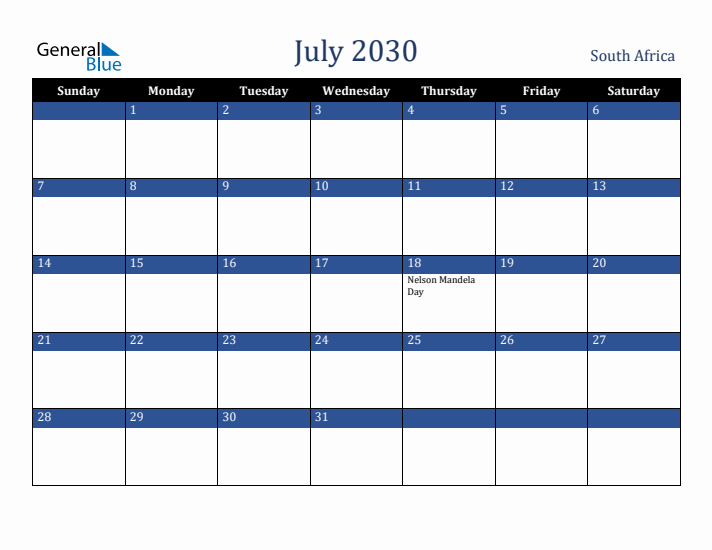 July 2030 South Africa Calendar (Sunday Start)