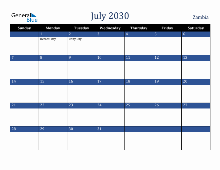 July 2030 Zambia Calendar (Sunday Start)