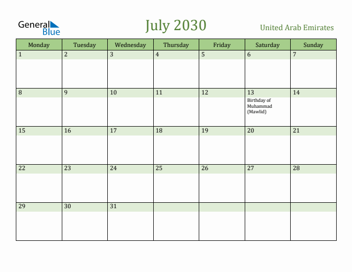 July 2030 Calendar with United Arab Emirates Holidays