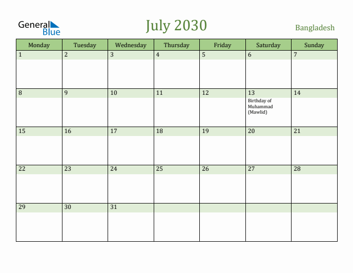 July 2030 Calendar with Bangladesh Holidays
