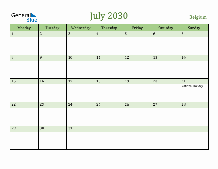 July 2030 Calendar with Belgium Holidays