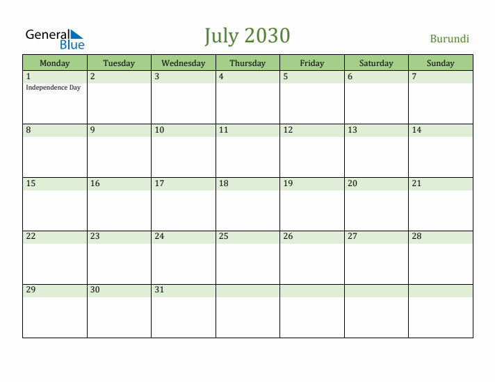 July 2030 Calendar with Burundi Holidays