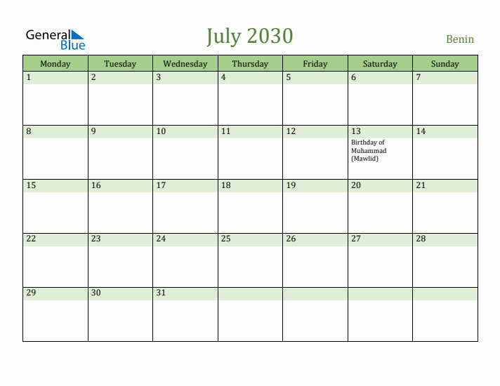 July 2030 Calendar with Benin Holidays