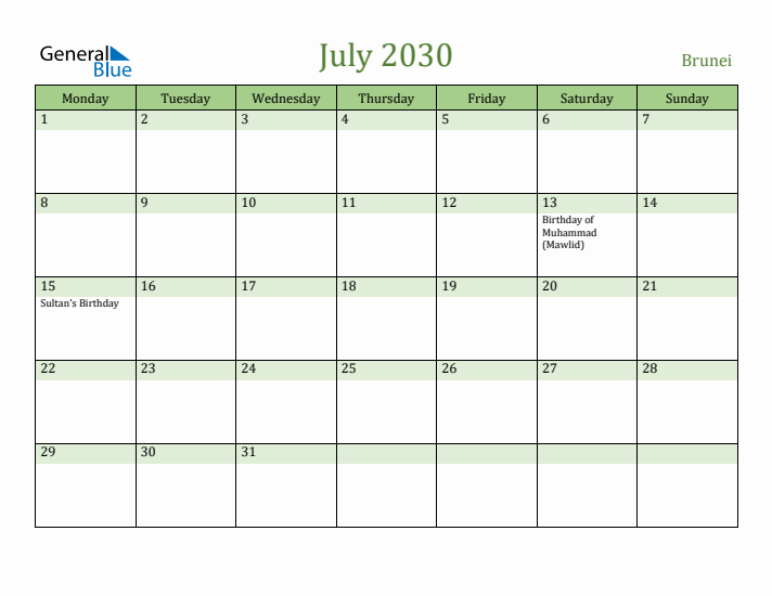 July 2030 Calendar with Brunei Holidays