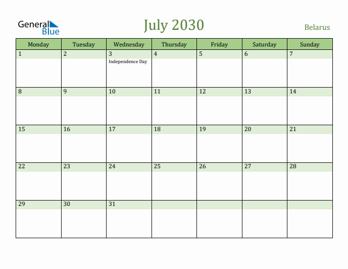 July 2030 Calendar with Belarus Holidays