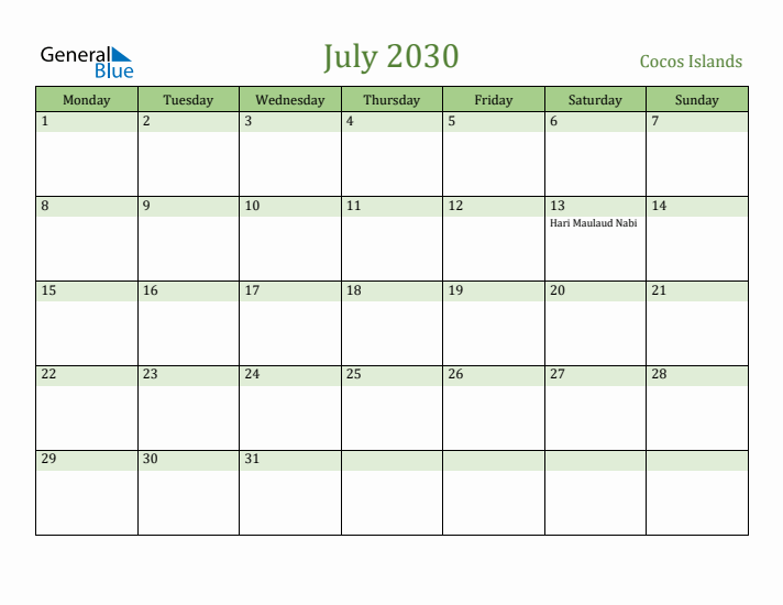 July 2030 Calendar with Cocos Islands Holidays