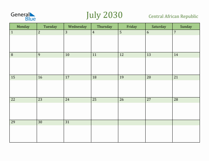 July 2030 Calendar with Central African Republic Holidays