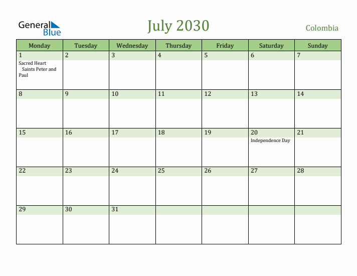 July 2030 Calendar with Colombia Holidays
