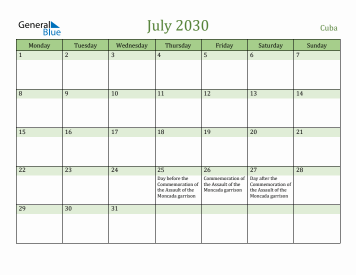 July 2030 Calendar with Cuba Holidays