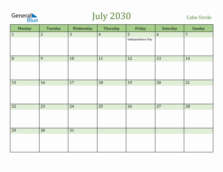 July 2030 Calendar with Cabo Verde Holidays