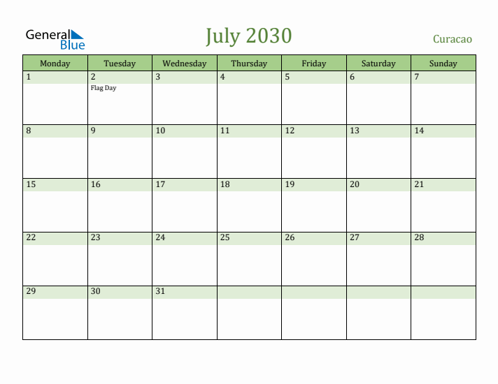 July 2030 Calendar with Curacao Holidays