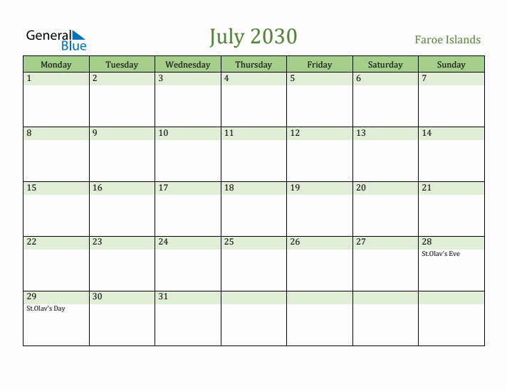 July 2030 Calendar with Faroe Islands Holidays