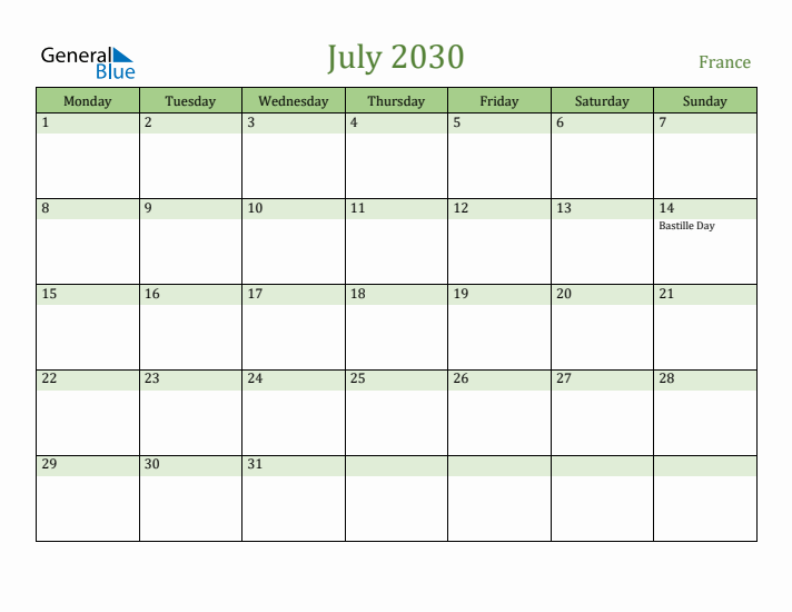 July 2030 Calendar with France Holidays