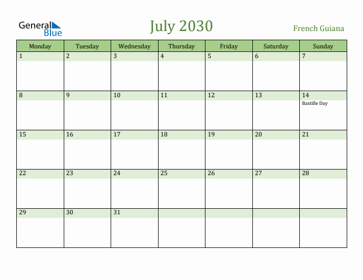 July 2030 Calendar with French Guiana Holidays