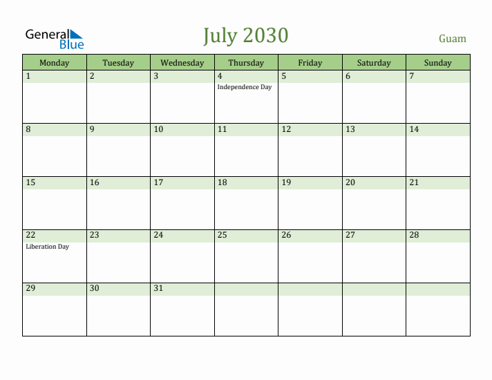 July 2030 Calendar with Guam Holidays