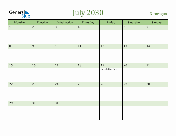 July 2030 Calendar with Nicaragua Holidays