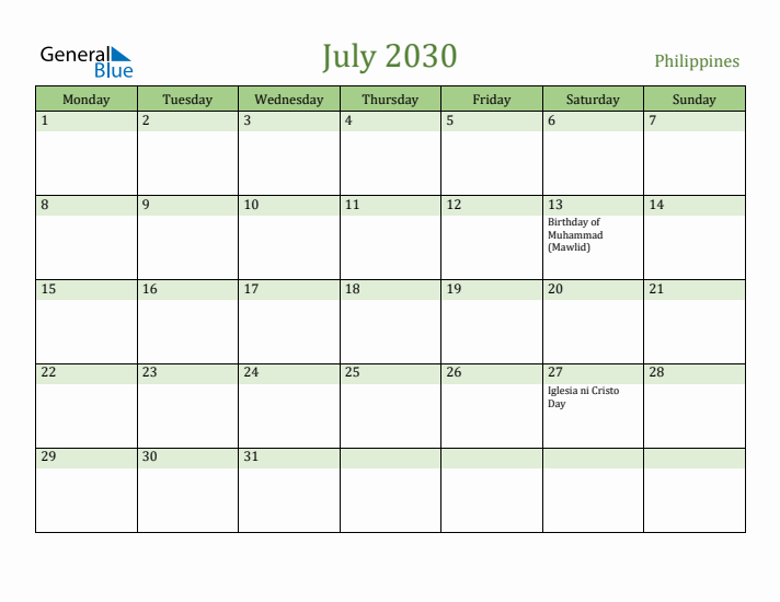 July 2030 Calendar with Philippines Holidays