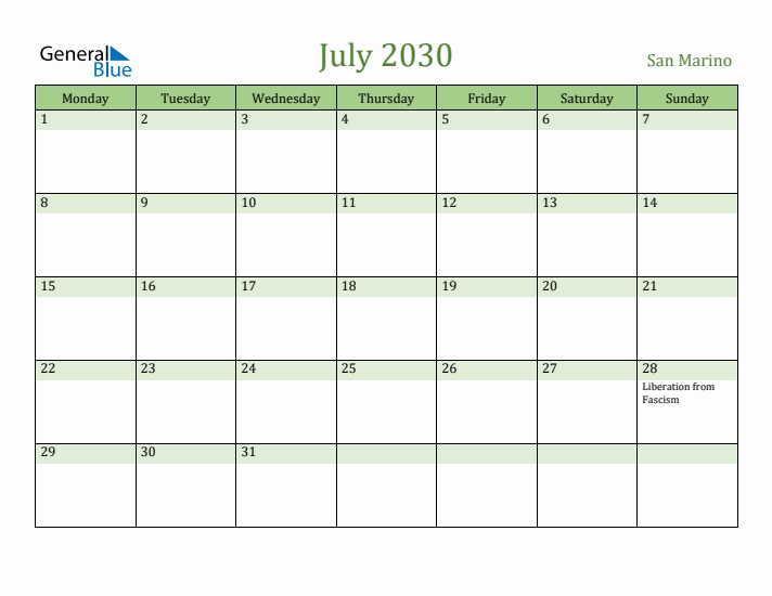 July 2030 Calendar with San Marino Holidays