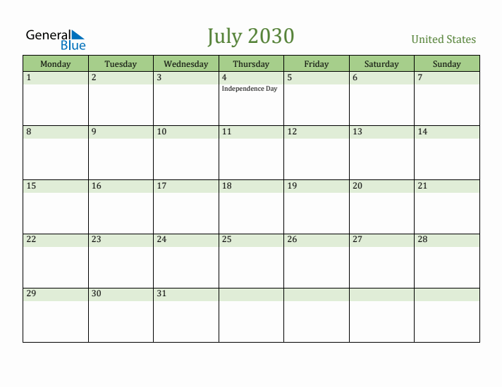 July 2030 Calendar with United States Holidays