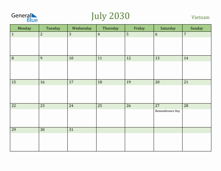 July 2030 Calendar with Vietnam Holidays