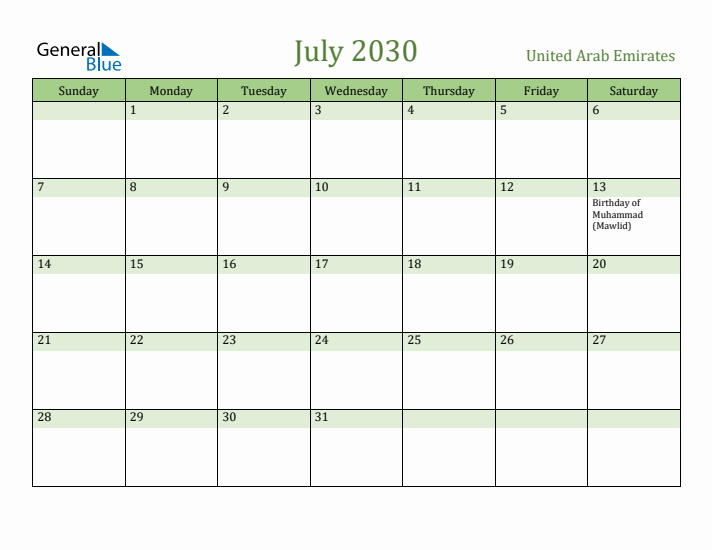 July 2030 Calendar with United Arab Emirates Holidays