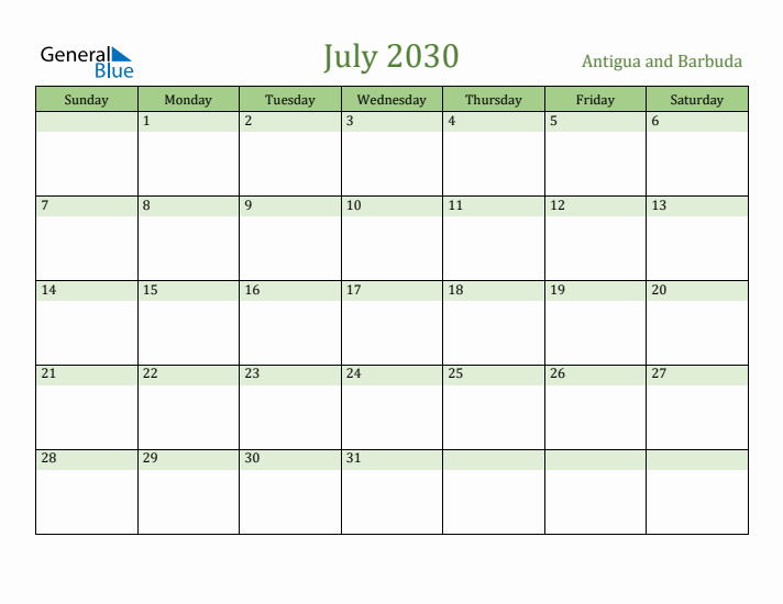 July 2030 Calendar with Antigua and Barbuda Holidays