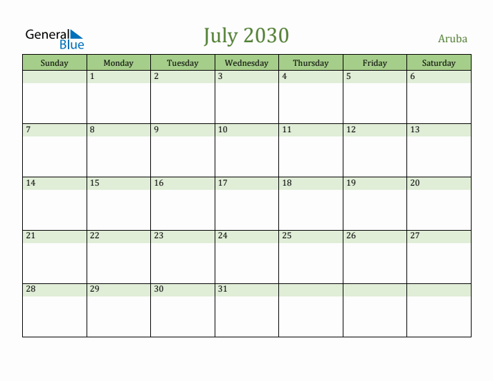 July 2030 Calendar with Aruba Holidays