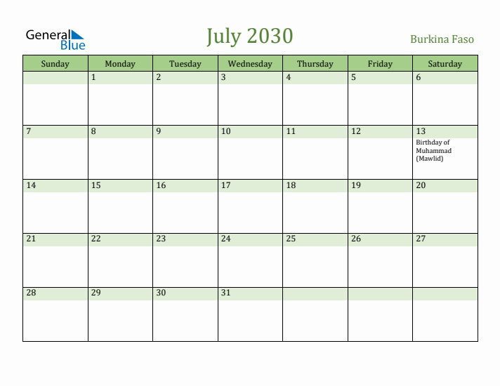 July 2030 Calendar with Burkina Faso Holidays