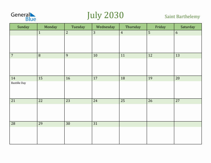 July 2030 Calendar with Saint Barthelemy Holidays