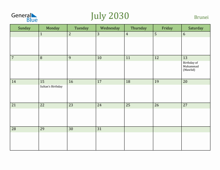 July 2030 Calendar with Brunei Holidays