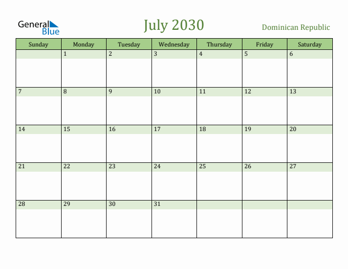 July 2030 Calendar with Dominican Republic Holidays