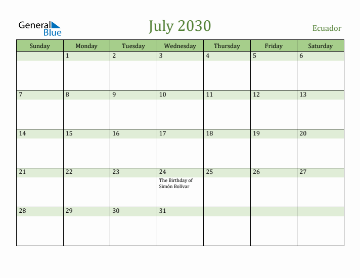 July 2030 Calendar with Ecuador Holidays