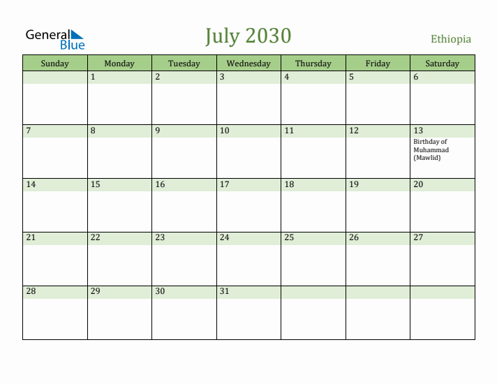 July 2030 Calendar with Ethiopia Holidays