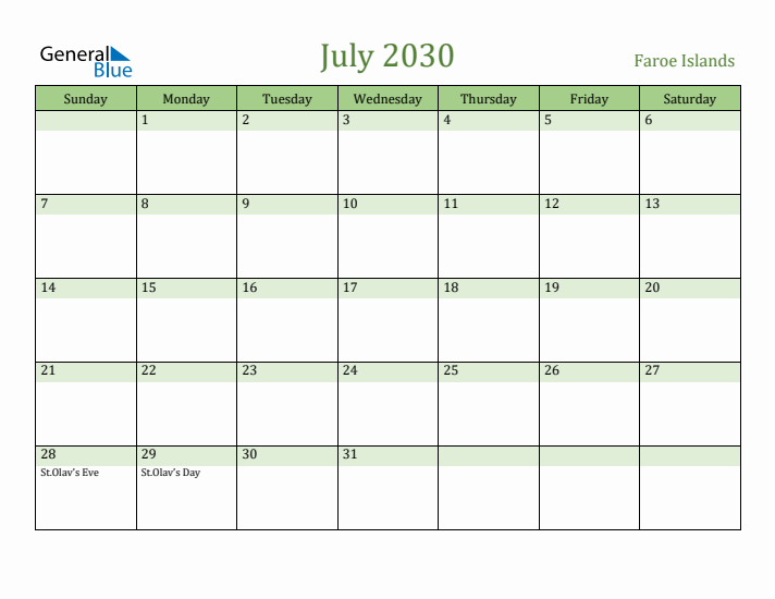 July 2030 Calendar with Faroe Islands Holidays
