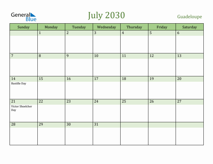 July 2030 Calendar with Guadeloupe Holidays