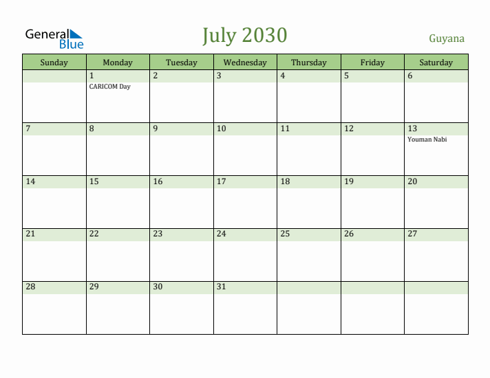 July 2030 Calendar with Guyana Holidays