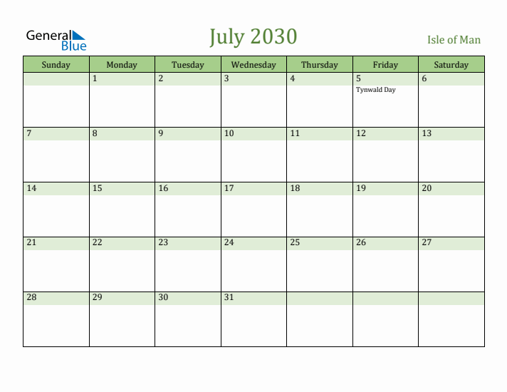 July 2030 Calendar with Isle of Man Holidays