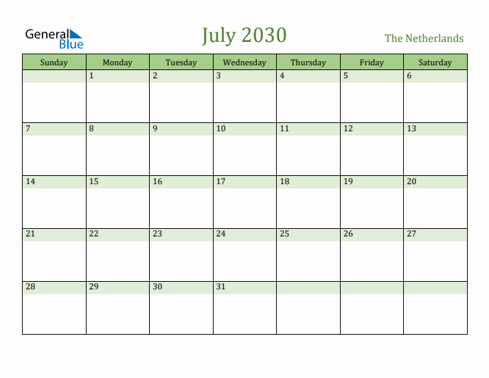 July 2030 Calendar with The Netherlands Holidays